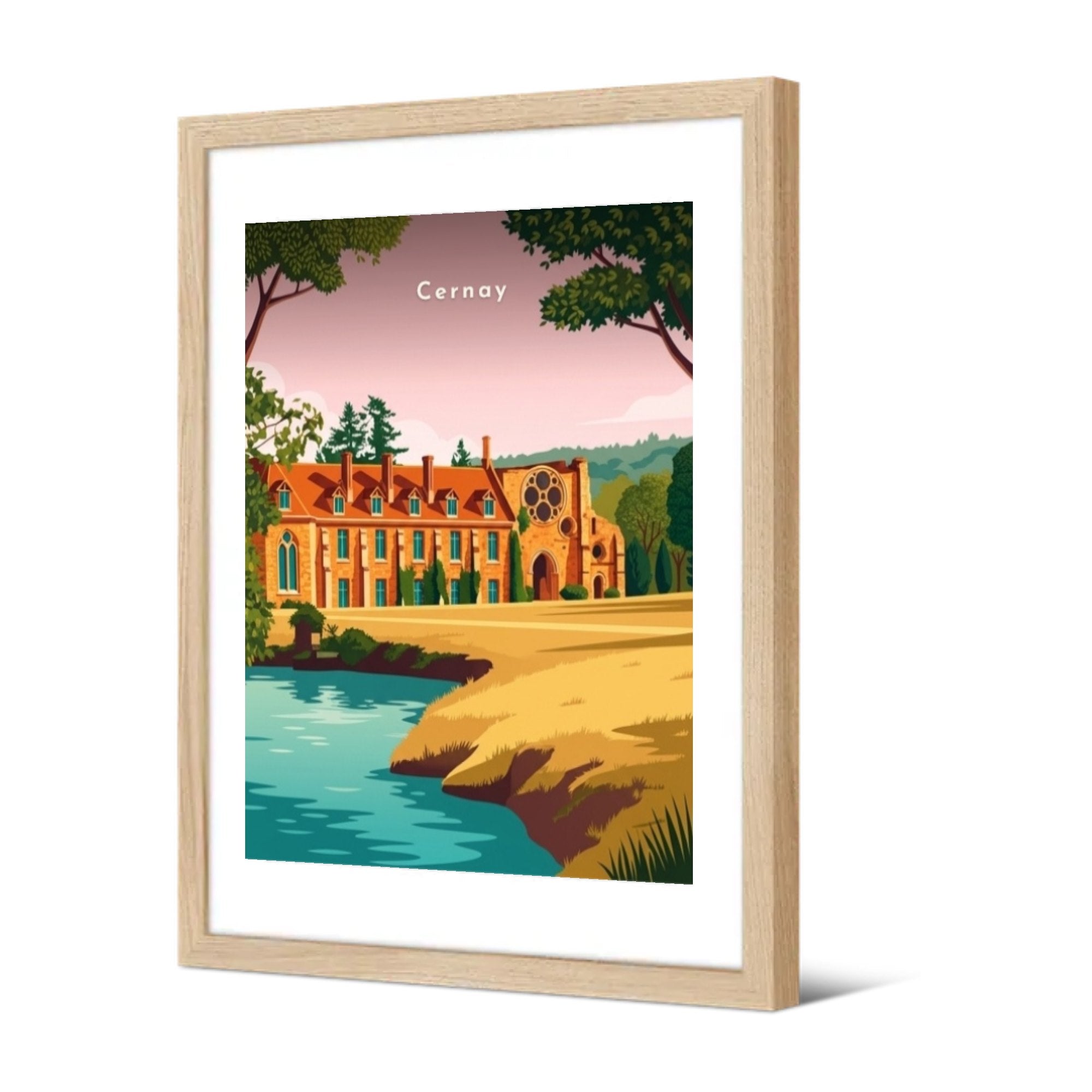 L'abbaye des Vaux-de-Cernay et l'étang — Pôdevache, encadrée, vue de trois quarts