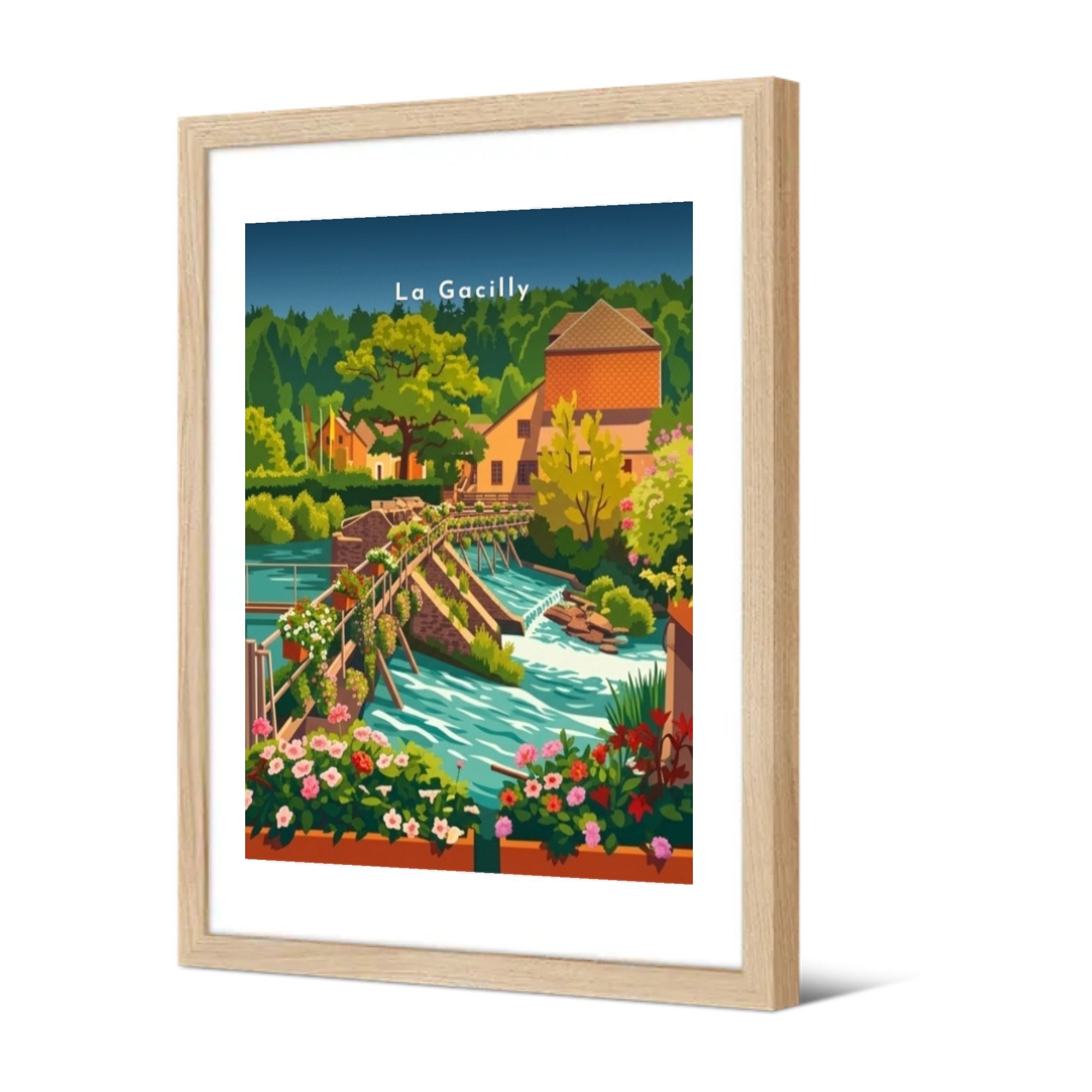 La passerelle fleurie sur l'Aff — Pôdevache, encadrée, vue de trois quarts