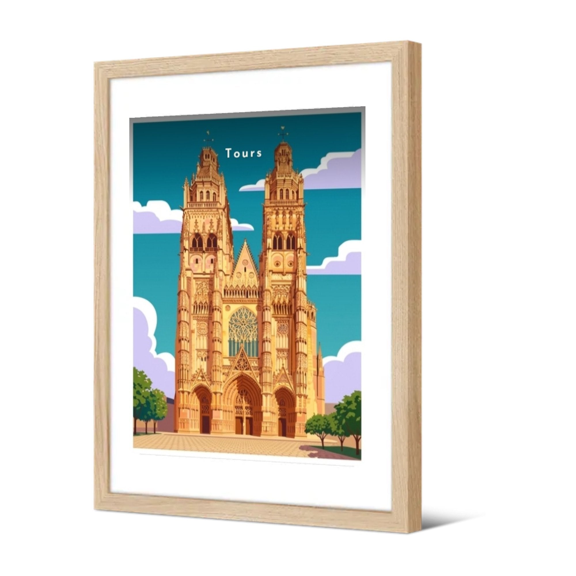 Façade de la cathédrale Saint-Gatien — Pôdevache, encadrée, vue de trois quarts