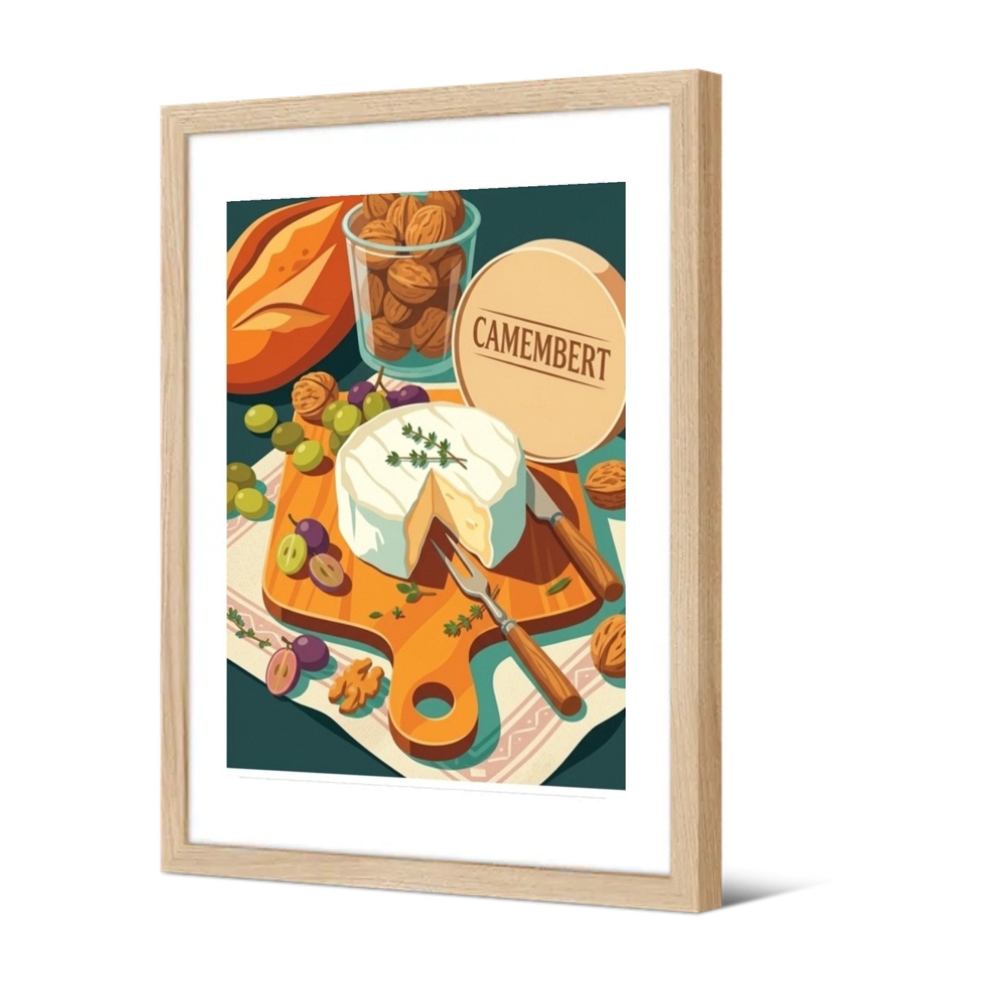 Nature morte au camembert — Pôdevache, encadrée, vue de trois quarts