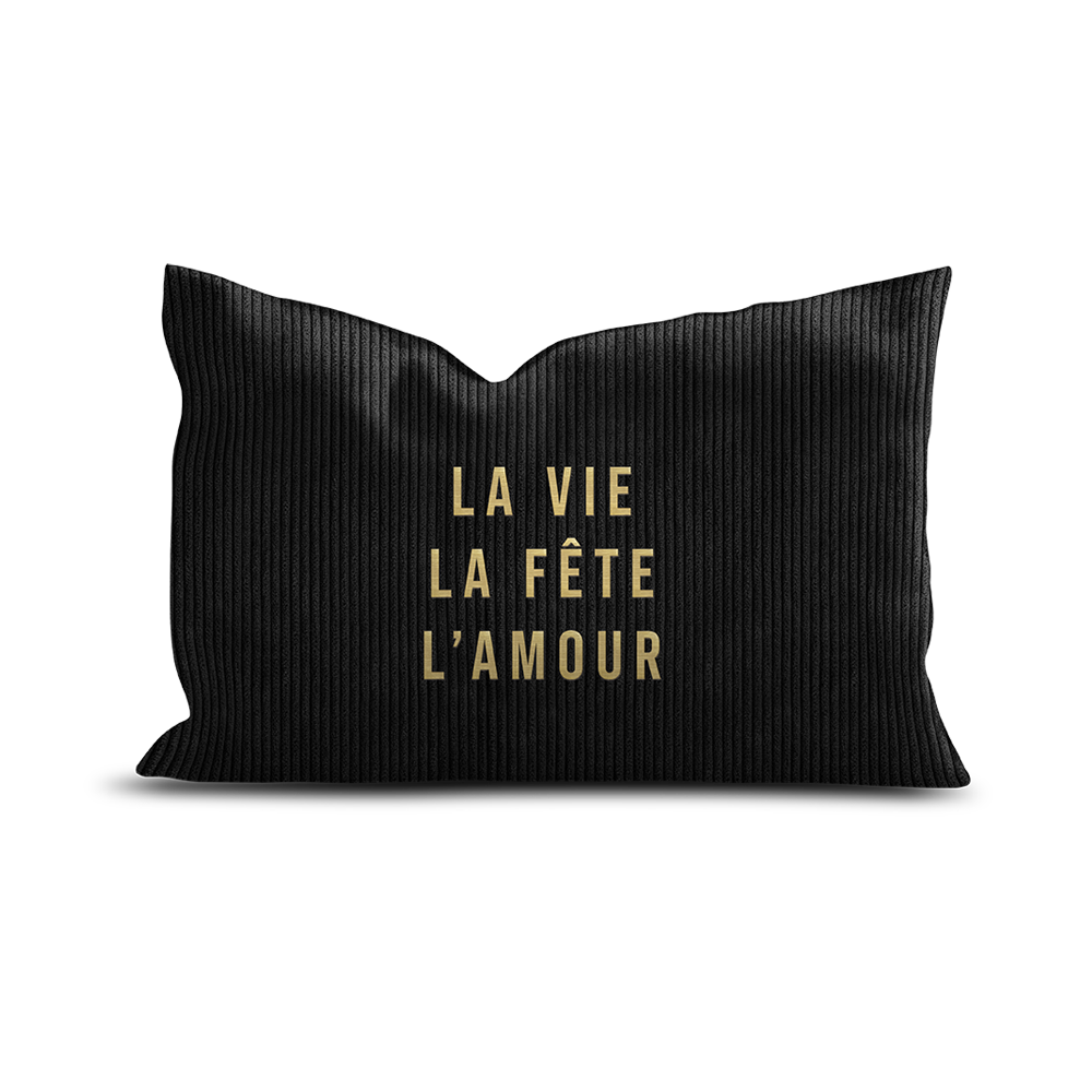Coussin velours brodé Vie Fête Amour