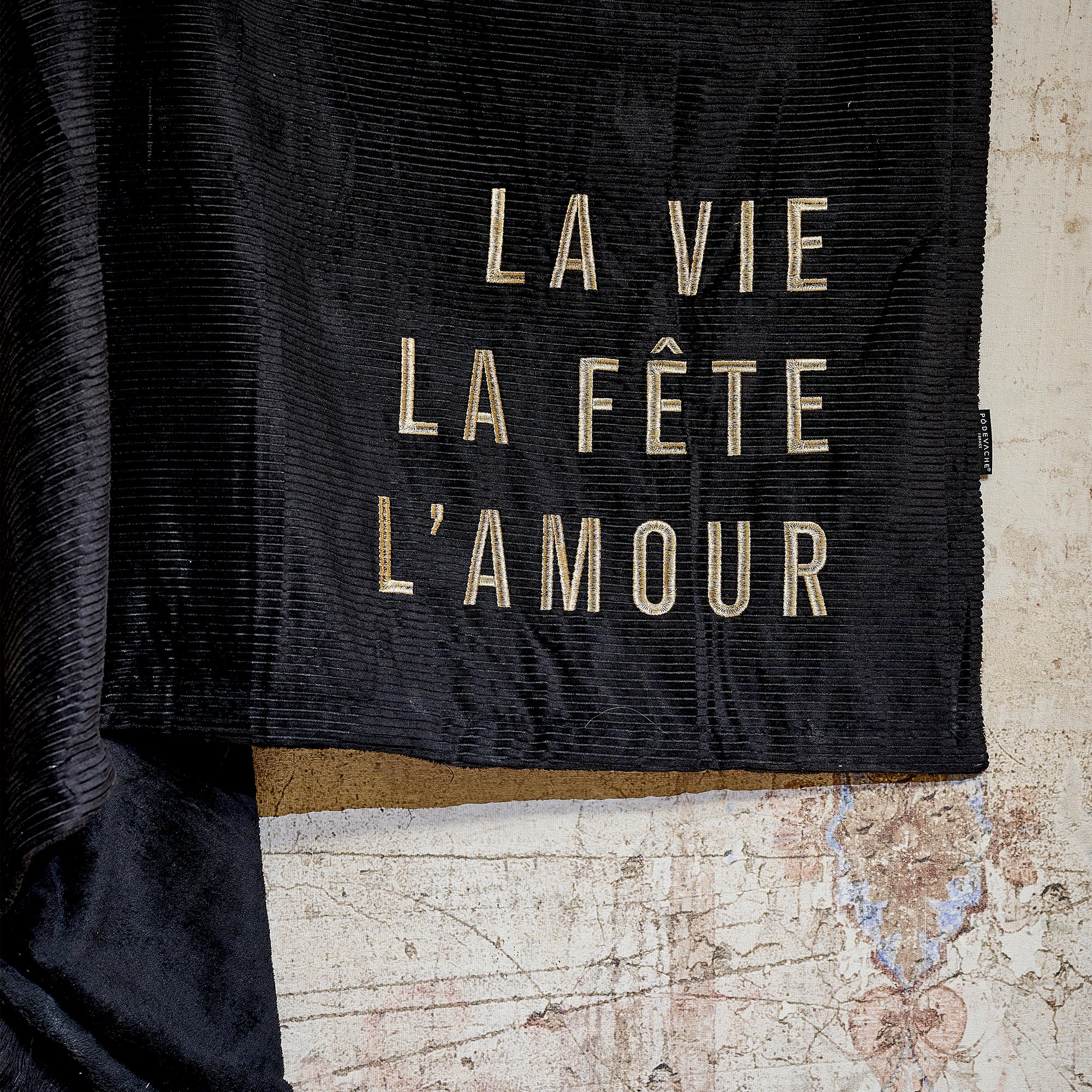 Plaid velours brodé Vie Fête Amour