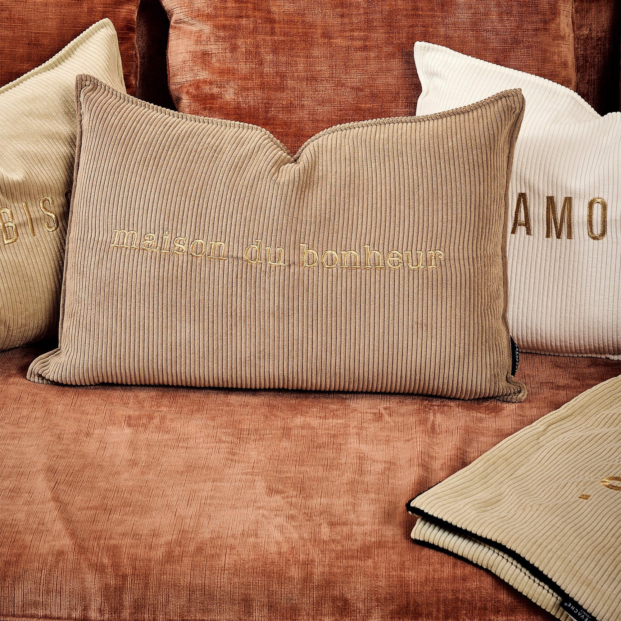 Coussin velours brodé Maison du Bonheur