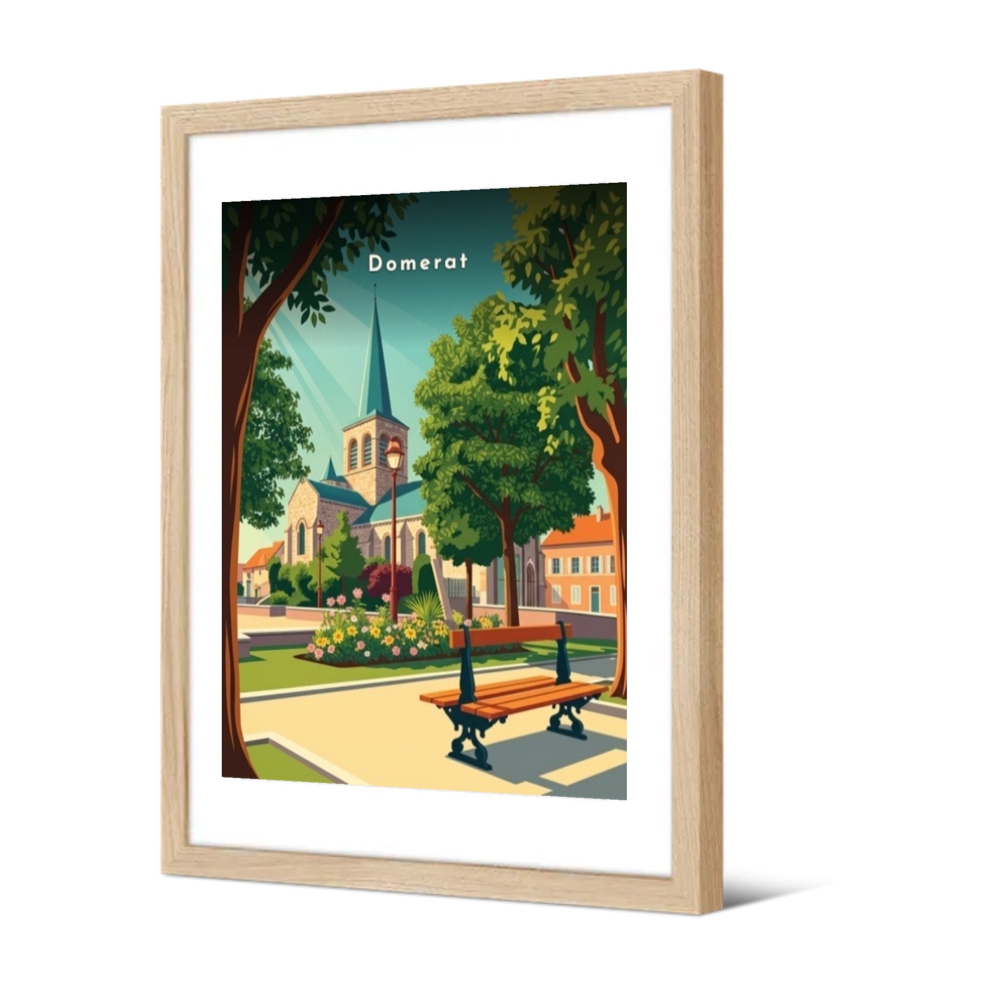 L'église vue du square fleuri — Pôdevache, encadrée, vue de trois quarts