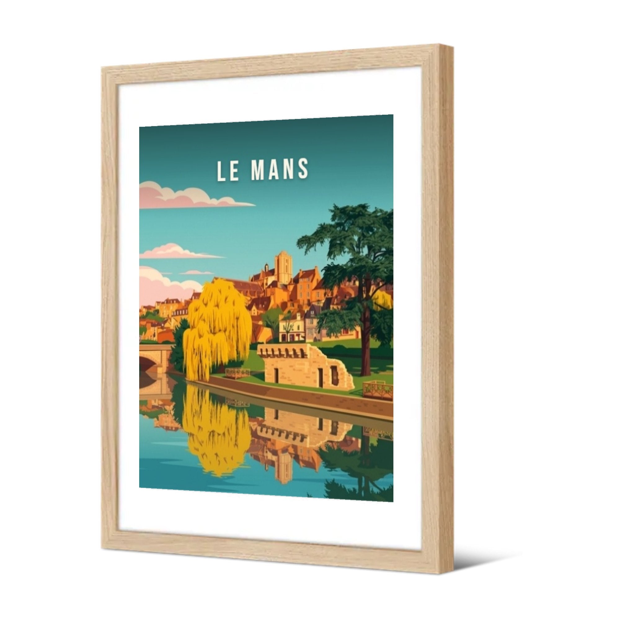 Reflets sur la Sarthe et nuages roses — Pôdevache, encadrée, vue de trois quarts