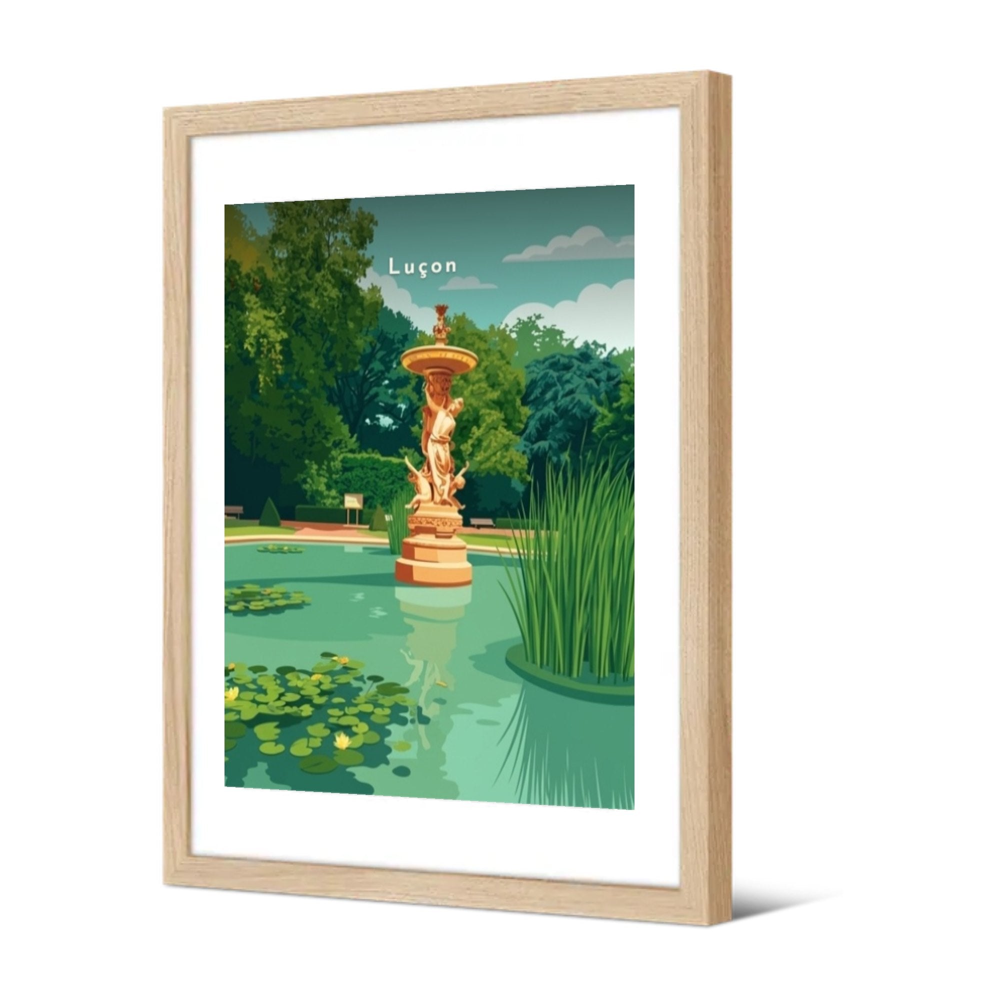 Le bassin aux nénuphars et la fontaine — Pôdevache, encadrée, vue de trois quarts