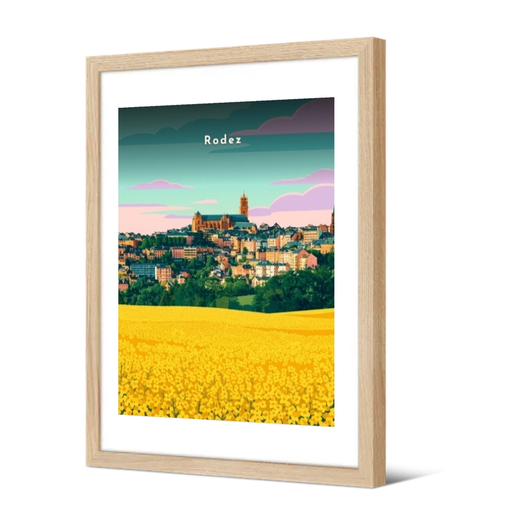 La cathédrale depuis les champs de colza — Pôdevache, encadrée, vue de trois quarts
