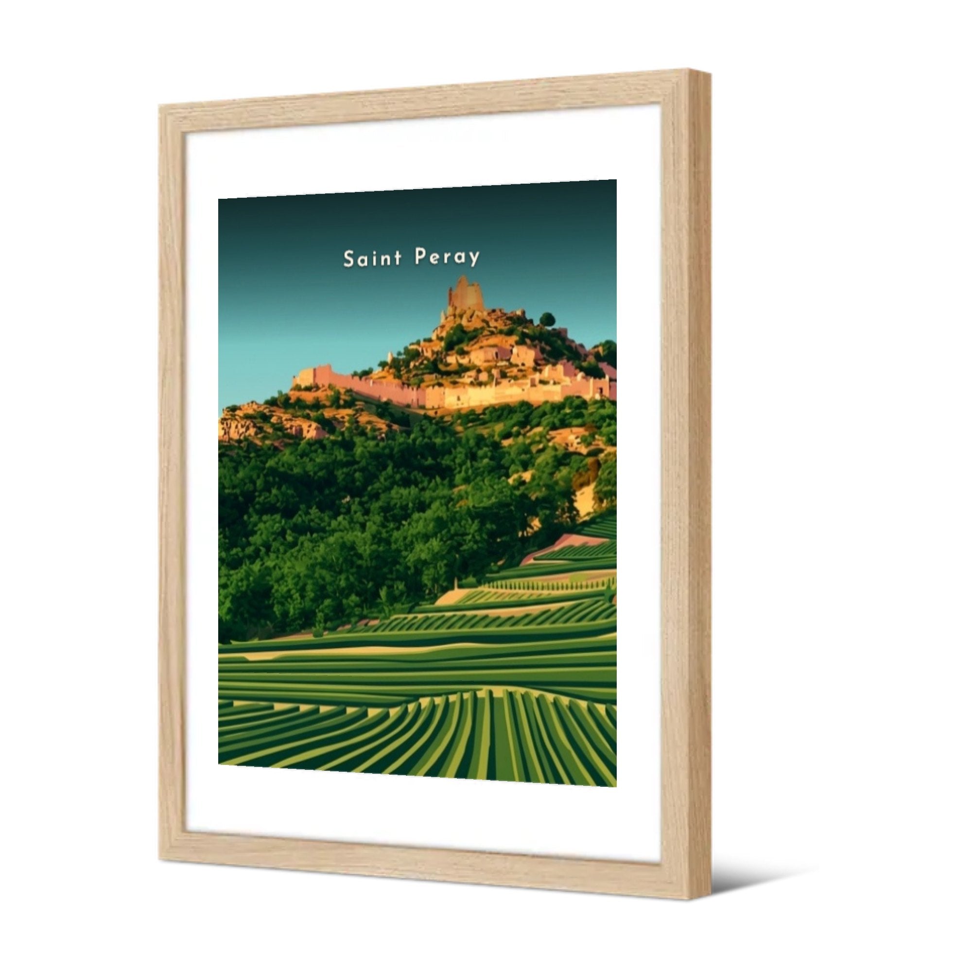 Château de Crussol depuis les vignes — Pôdevache, encadrée, vue de trois quarts