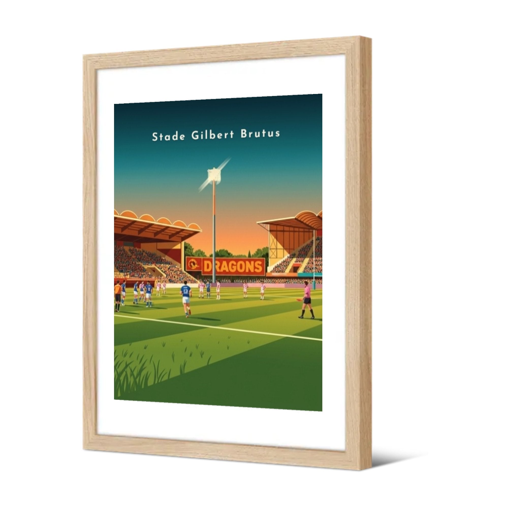 Stade Gilbert Brutus — Pôdevache, encadrée, vue de trois quarts