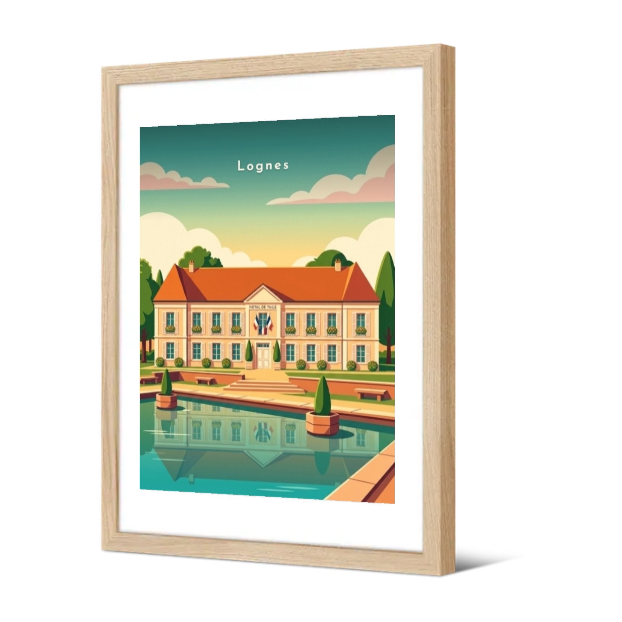 L'Hôtel de Ville et son bassin bleu — Pôdevache, encadrée, vue de trois quarts