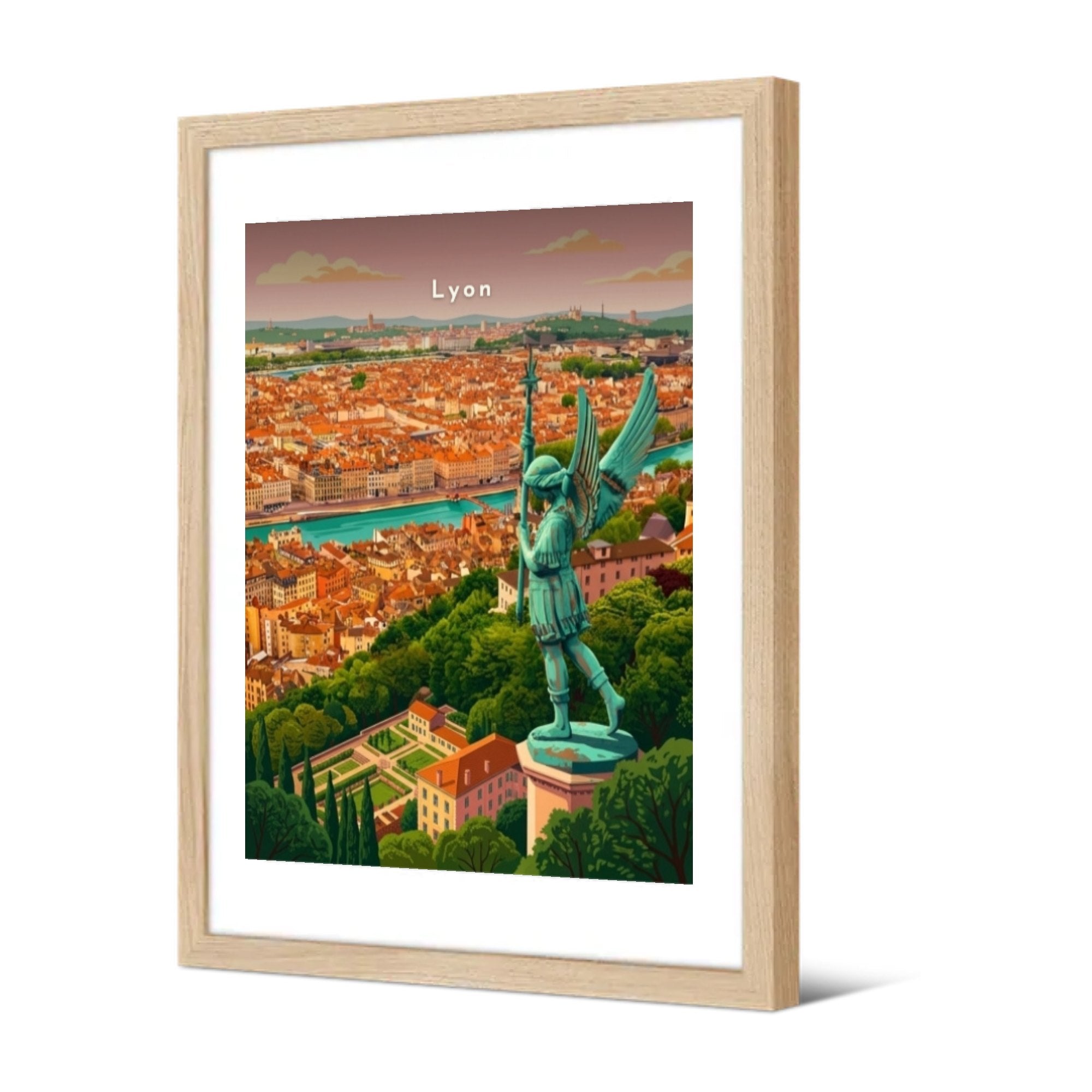 Statue de l'archange depuis Fourvière — Pôdevache, encadrée, vue de trois quarts