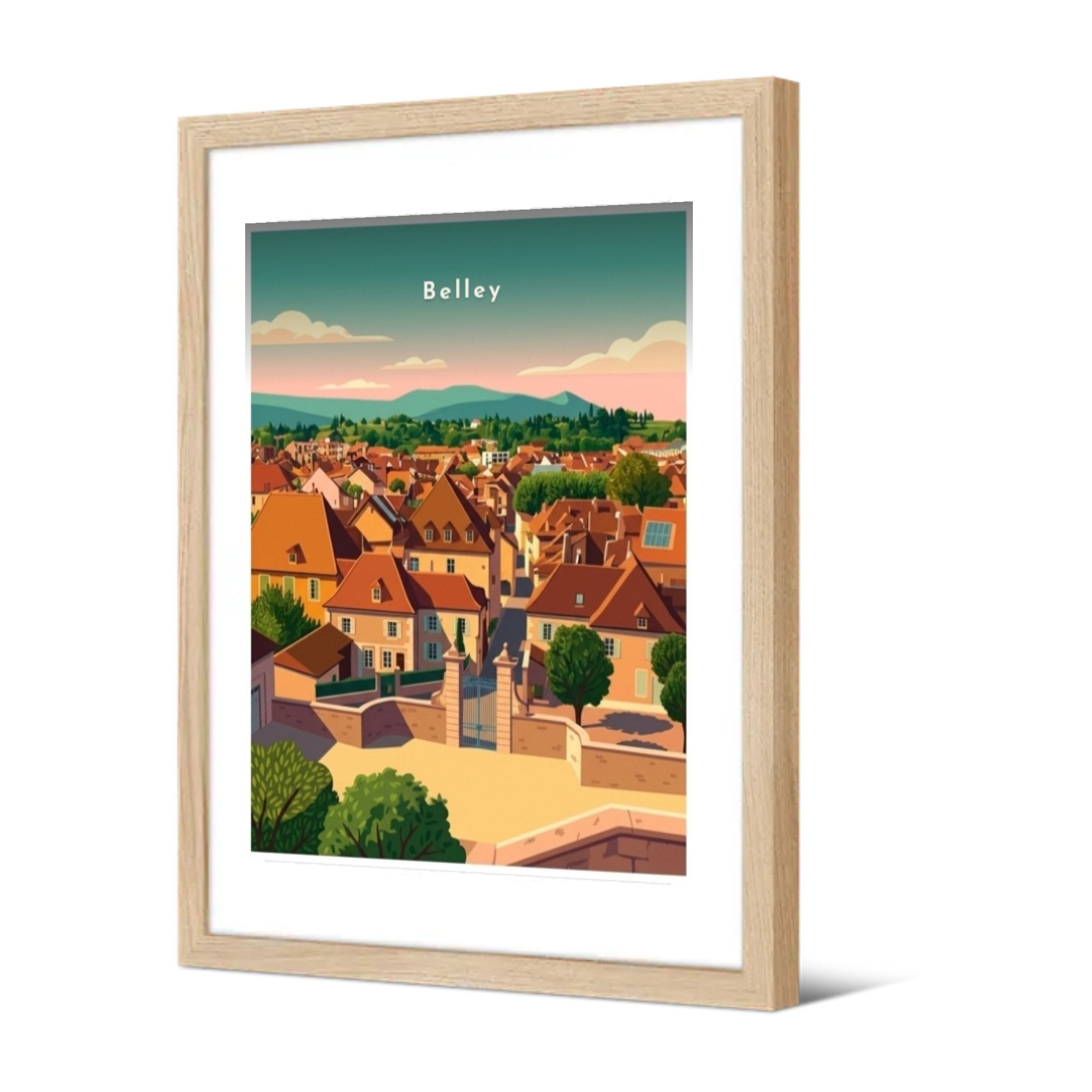 Vue sur les toits et les monts du Bugey — Pôdevache, encadrée, vue de trois quarts
