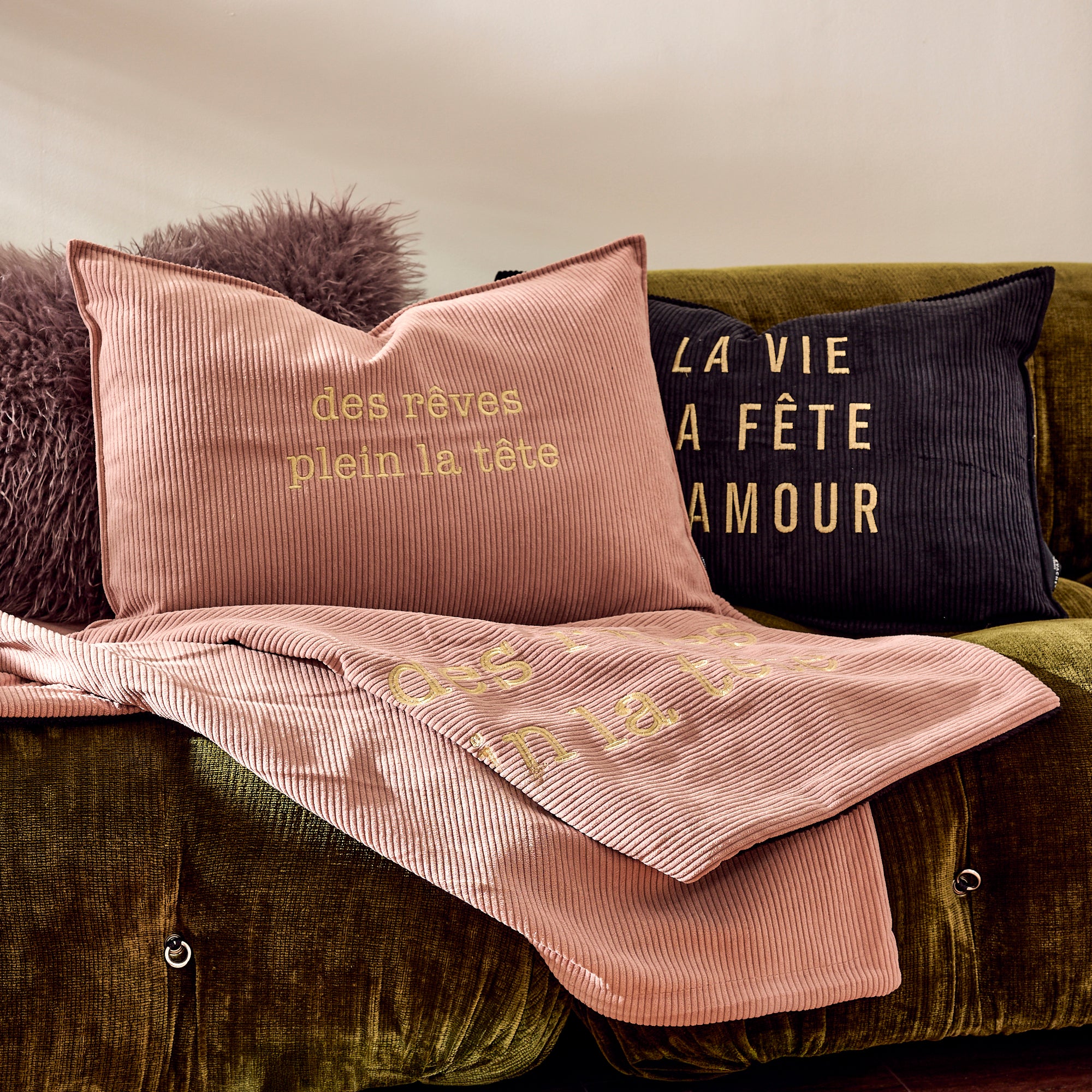 Coussin velours brodé Vie Fête Amour