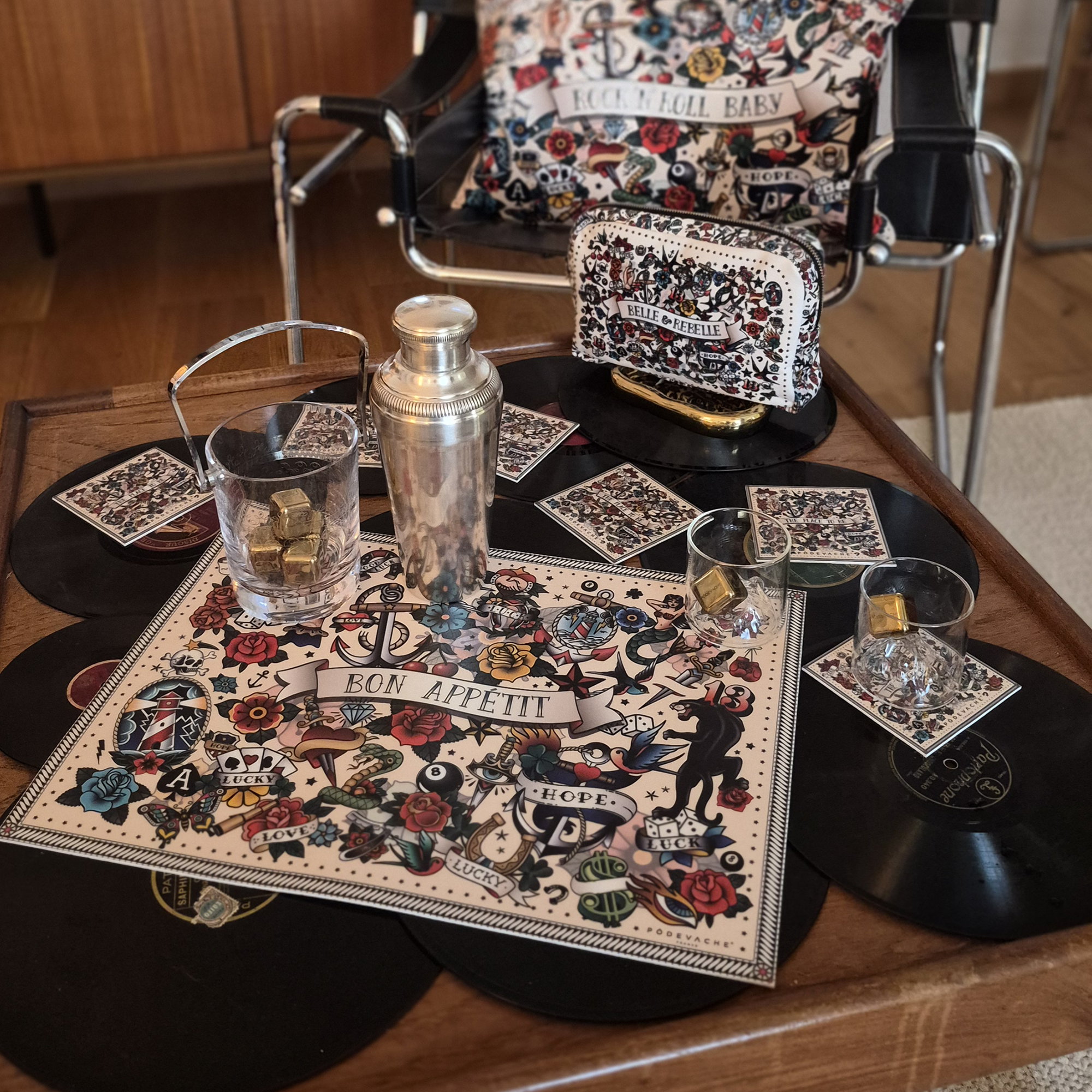 Lot de 6 dessous de verre vinyle personnalisés Tattoo Lucky