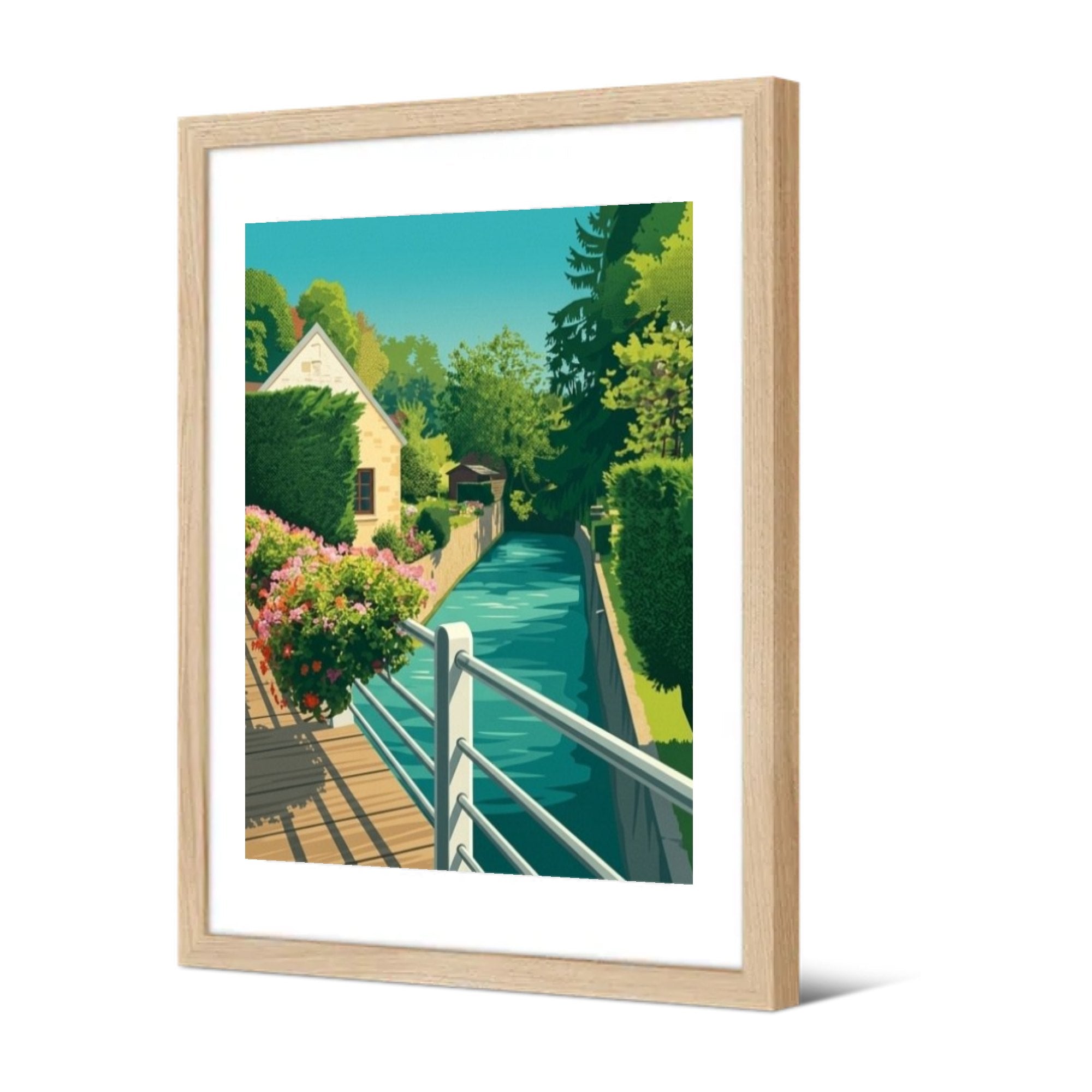 Le pont fleuri sur le canal — Pôdevache, encadrée, vue de trois quarts