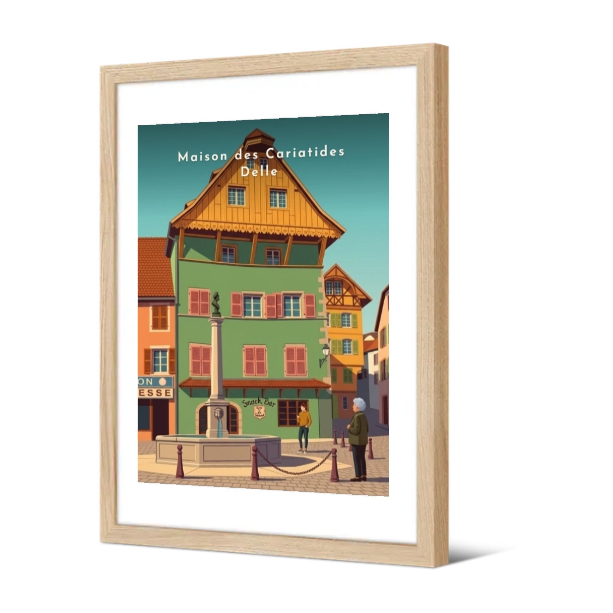 Maison des Cariatides Delle — Pôdevache, encadrée, vue de trois quarts
