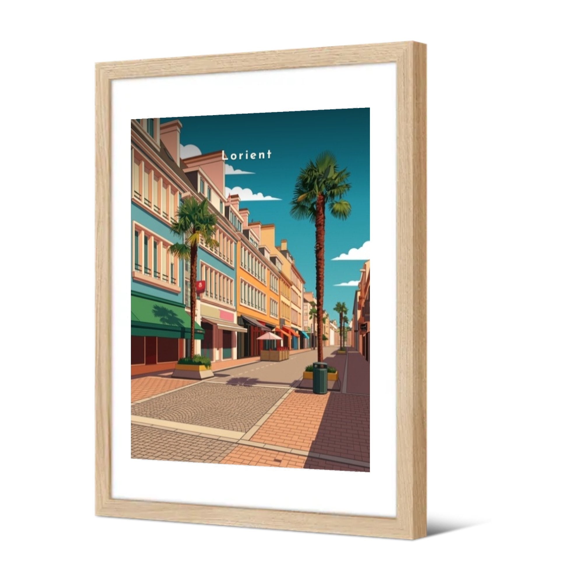 Rue commerçante aux palmiers — Pôdevache, encadrée, vue de trois quarts