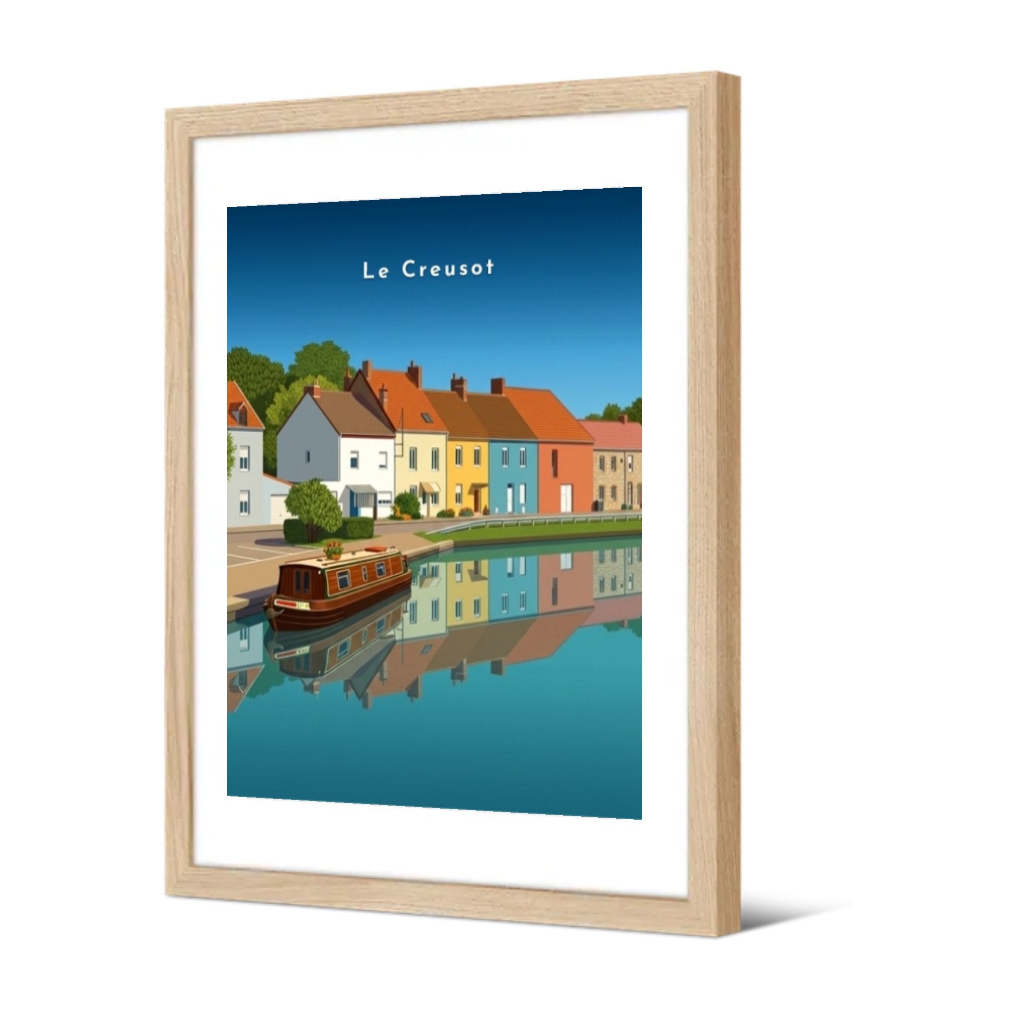 Canal et maisons colorées — Pôdevache, encadrée, vue de trois quarts