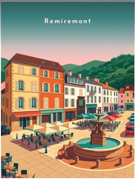 Fontaine et terrasses en ville — Pôdevache, visuel seul