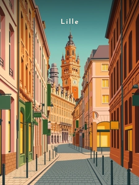 Enfilade de boutiques vers le beffroi — Pôdevache, visuel seul
